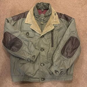 Neiman Marcus Olive Green & Brown Leather Trim and Corduroy Jacket
